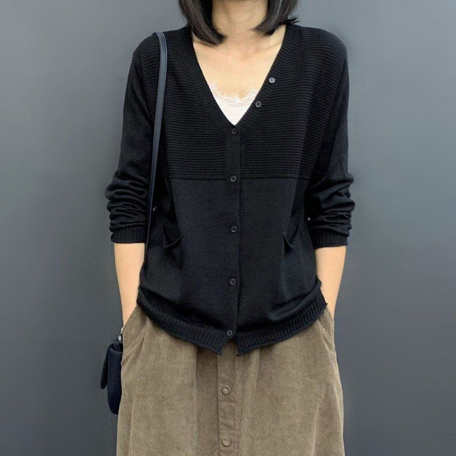 Makone 여성 브이넥 자카르 캐주얼 루즈핏 데일리 솔리드 빈티지 니트 가디건