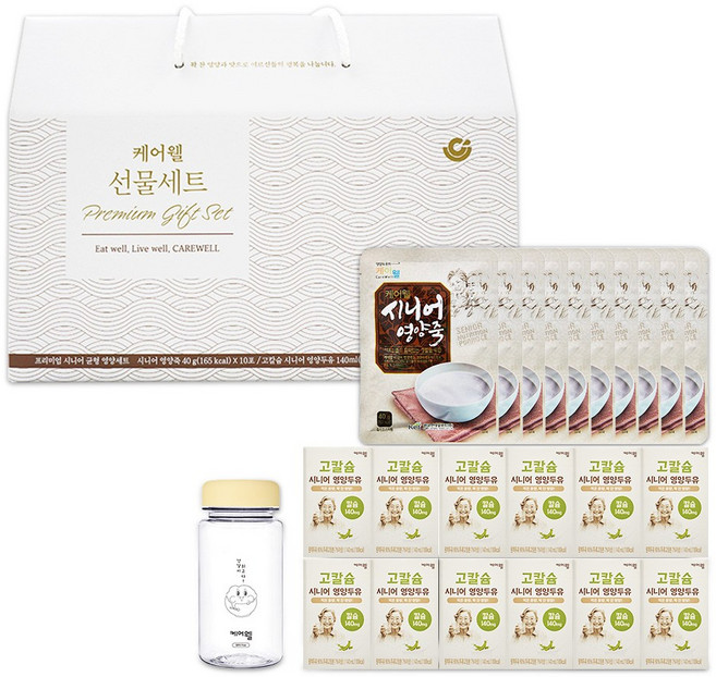 케어웰 프리미엄 시니어 균형 영양 선물세트 (고칼슘 시니어 영양두유 12p + 시니어영양죽 10포 + BPA 트라이탄 보틀 350ml), 1세트, 400g
