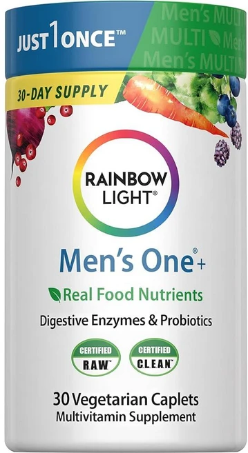Rainbow Light 남성용 멀티비타민 원 + | 30정 | 실제 식품 영양소 소화 효소 및 프로바이오틱스, Men's One, 30 Count (Pack of 1), 1개 - 쿠팡