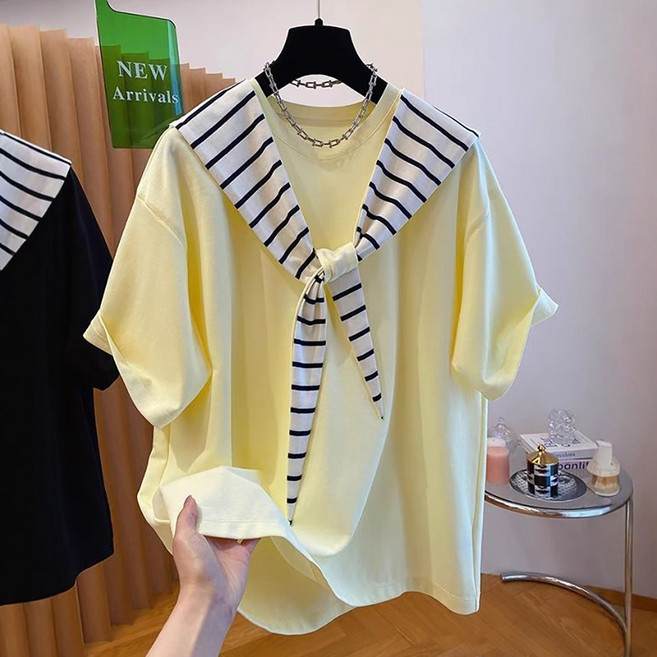 로르카 여성 스트라이프 숄카라 레이어드 루즈핏 라운드넥 반팔 배색 캐주얼 데일리 포인트 티셔츠 B06032551