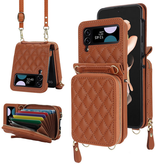 루스톤 샤이니 퀼팅 지갑 지퍼 크로스 스트랩 갤럭시 Z플립 케이스