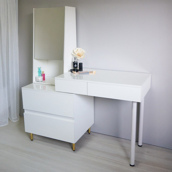 BOYD 自由伸縮亮面化妝桌櫃組D457 80cm桌 60cm雙抽屜收納櫃, 白色