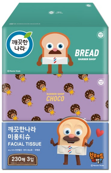 깨끗한나라 브레드 이발소 미용티슈 230매 3입 1팩 프리미엄 화장지, 1, 230