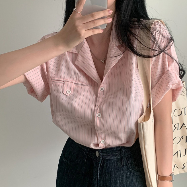 더블공주 여성 캐주얼 스트라이프 반팔 핑크셔츠