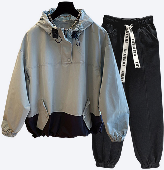 가르크시 배색 아노락 후드 점퍼 조거 팬츠 루즈핏 미니멀 스트릿 남녀공용 트렌디 세트