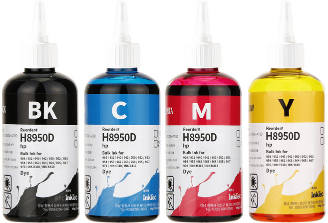 잉크테크 HP9010 HP8710 HP8610 HP8210 HP7740 삼성 J3520W J3560FW 호환 무한 리필 잉크, 4색(검정 염료 + 컬러 염료), 1세트, 250ml(뾰족)