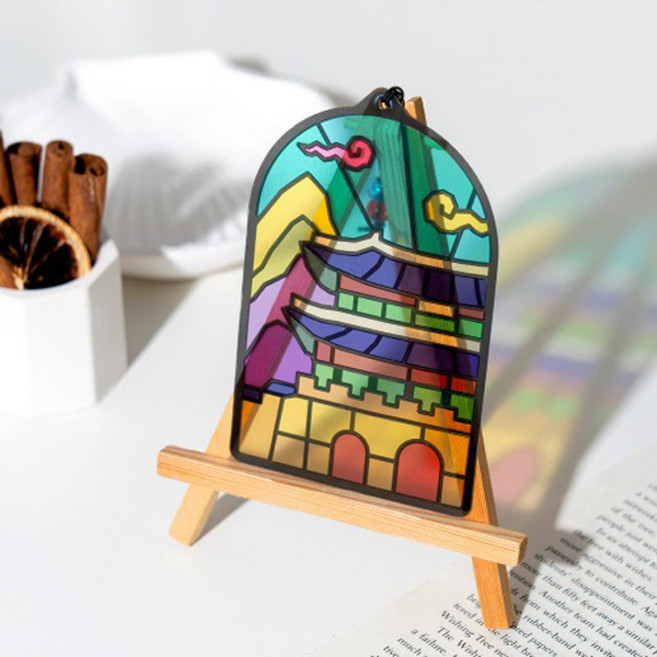 명화와 랜드마크 조각 스티커 썬캐쳐 장식, 1개, 진주 귀고리를 한 소녀