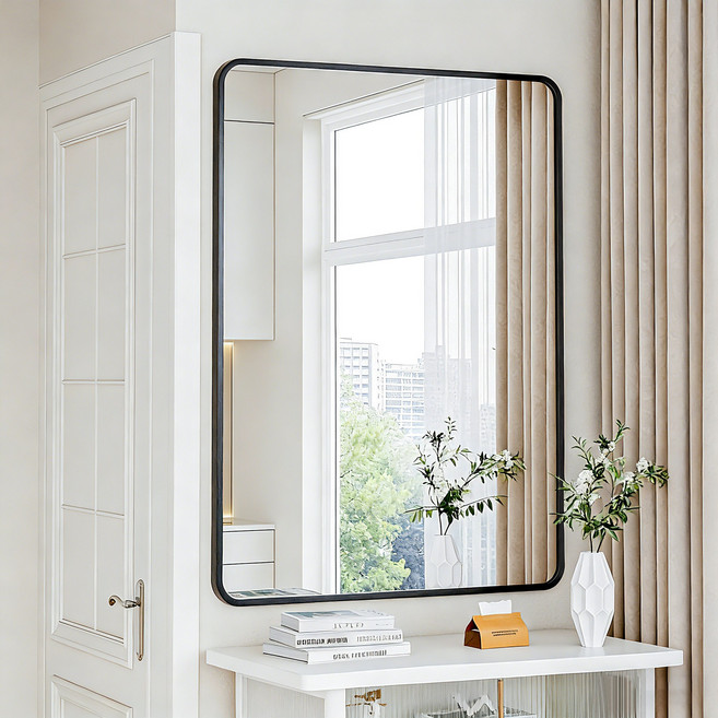 뷰티피크 라운드형 벽거울 화장대거울 욕실거울 강화안전유리, 블랙75cm