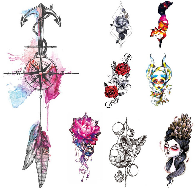 스타일 반영구 헤나 타투 스티커 문신 판박이, 8개, 여우장미