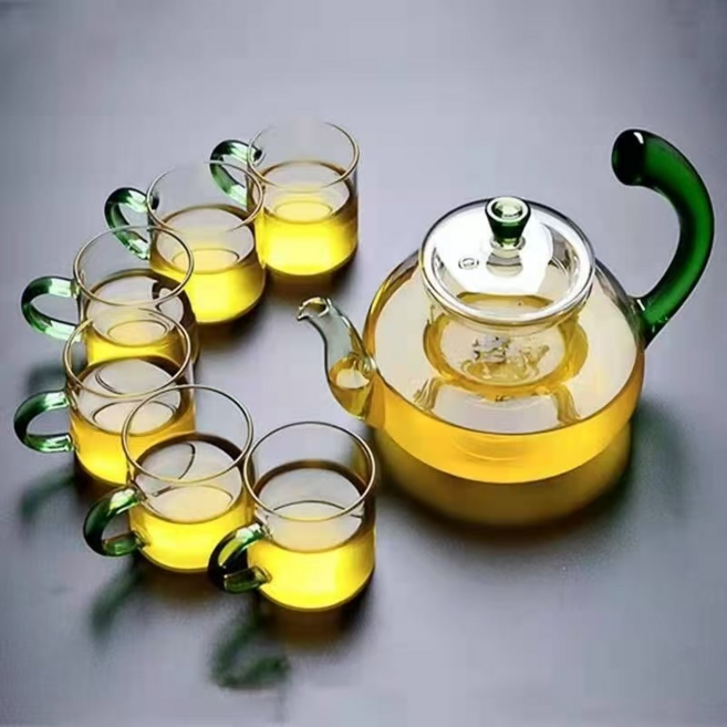 특별하게 디자인할 내열유리 엔틱 티팟 세트 티팟1p +찻잔 6p, 그린, 1세트, 티팟 600ml +찻잔 50ml 6P