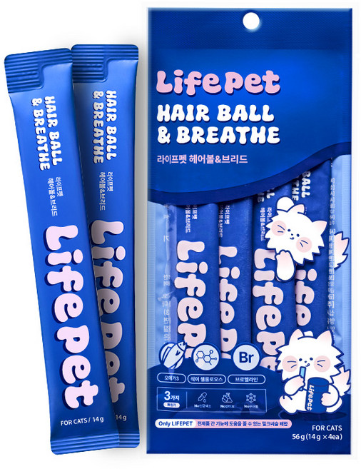 고양이 호흡기&헤어볼 4포 짜먹는 액상고형 젤 겔 라이프펫 헤어볼 제거제 유도 모발 배출 구토 완화 노묘 간식, 1개, 헤어볼, 4회분