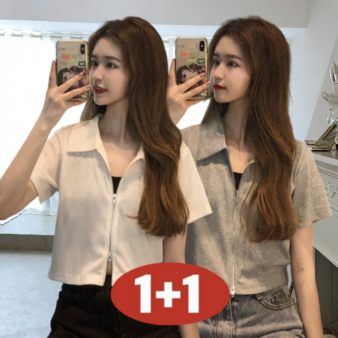 오스틱니 여성용 여름 1+1 초특가 단색 숏 슬림핏 날씬해 보이는 심플 양방향 집업 칼라넥 반팔
