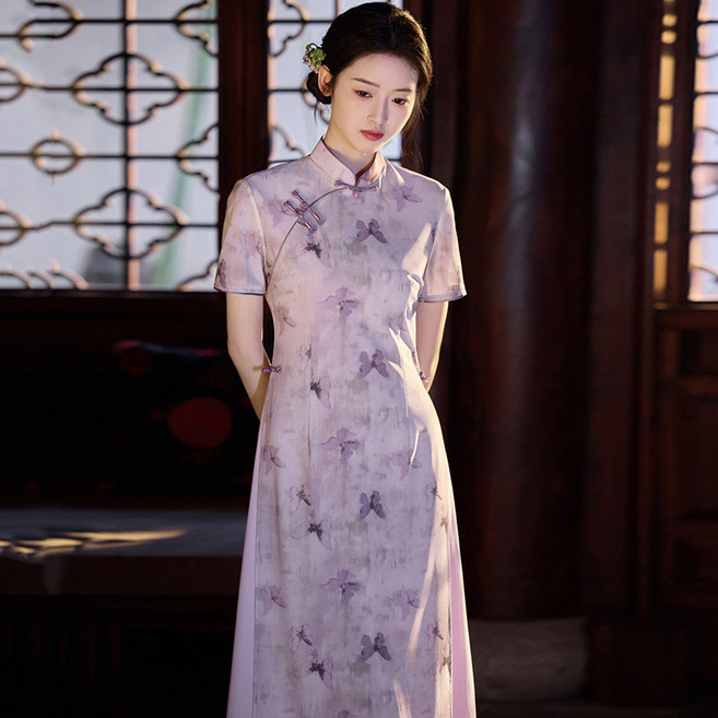 DIU 紫色國風新中式旗袍改良年輕款女高級感復古日常連衣裙春夏季, XL