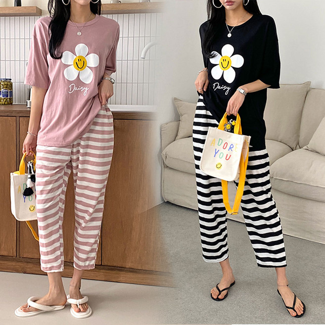 오브치치 빅사이즈 스트라이프 단가라 팬츠 반팔티셔츠 홈웨어 잠옷 홈트레이닝복 여성 상하세트 투피스 마실룩 여성 오버핏 세미 배기팬츠 세트
