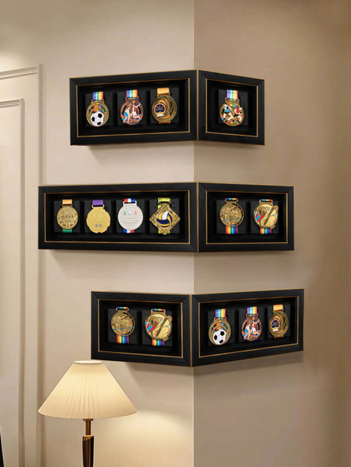 메달 진열대 벽걸이형 스포츠 대회 메달보관함 나무 액자형 수납 정리 전시 디스플레이 3D 기념품 보관함, 1단, 우아한 블랙 목재 프레임