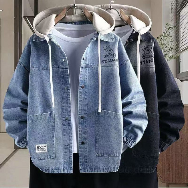 JUSTFEELING 남자 봄가을 후드패치 데님코트 패션 후드점퍼 루즈핏 캐주얼 청자켓