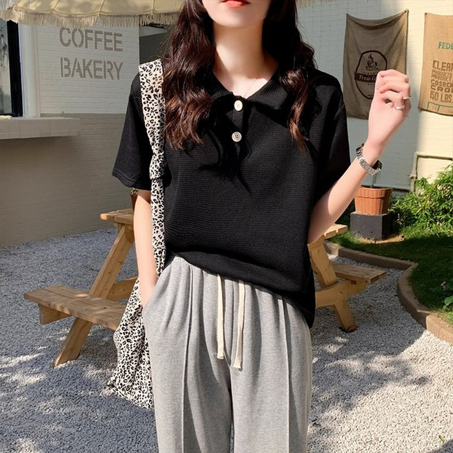 자칠 여성 와플 폴로 카라 반소매 셔츠 카라 반팔 티셔츠 정숄더 폴로 셔츠