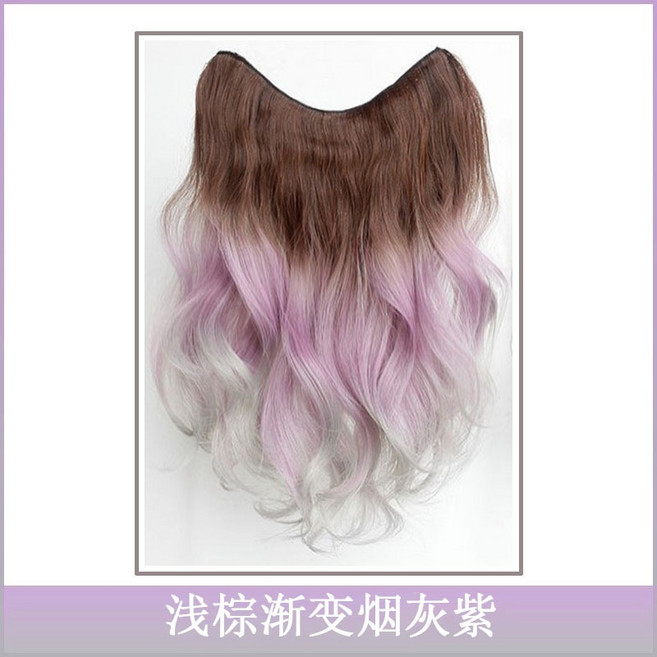 漸變紫假髮片 長捲髮 假髮女長髮自然漸變假髮片女挑染一片式無痕彩色掛耳染煙灰紫髮片, 1個, 04.V型大波浪-深棕漸變烟灰紫