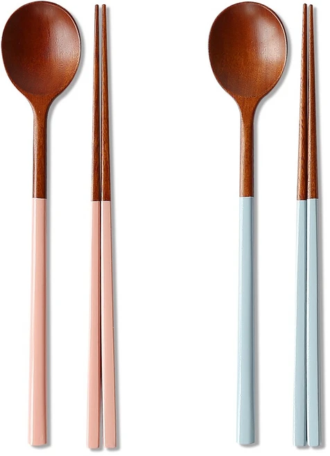 리숲 달 천연 옻칠 고급 한식 나무 수저 세트, 1세트, 수저세트, 2인A(핑크1개+라이트블루1개) - 쿠팡