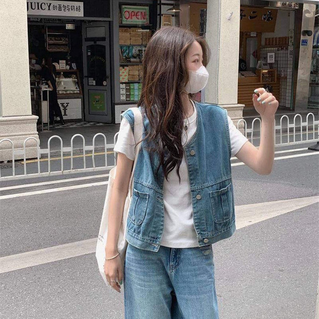 KDNC 여성조끼 베스트 베이직 청조끼 오버핏 데님 박시 청자켓