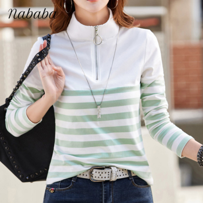 나바바 NT615 여성 캐주얼 단가라 지퍼넥 긴팔 티셔츠