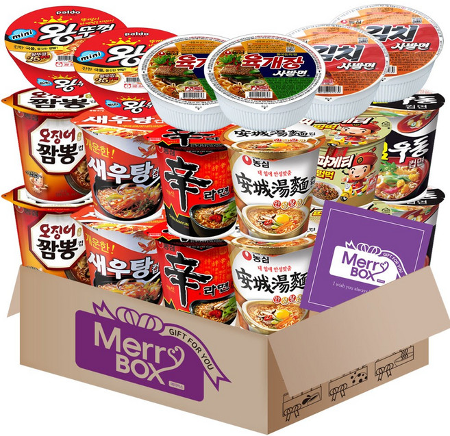 소컵라면18개세트(신라면2+새우탕2+튀김우동2+짜파게티2+오징어짬뽕2+안성탕면2+미니왕뚜껑2+육개장사발면2+김치사발면2)+메세지카드, 1개