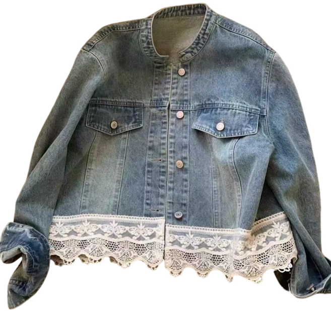 여성용 데님 레이스 패치 쇼트 데님 재킷 뉴타임즈 Women's Jacket
