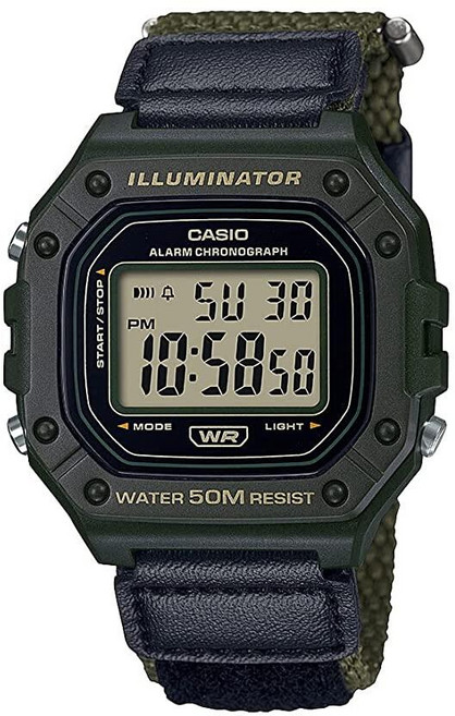 Casio W218H 시리즈 | 남성용 디지털 시계 | 50M WR | 1/100초 스톱워치 | 100 SEC 크로노그래프 | LED 백라이트 | 카운트다운 타이머 | 일일 알, W218HB-3AV, Black/Green