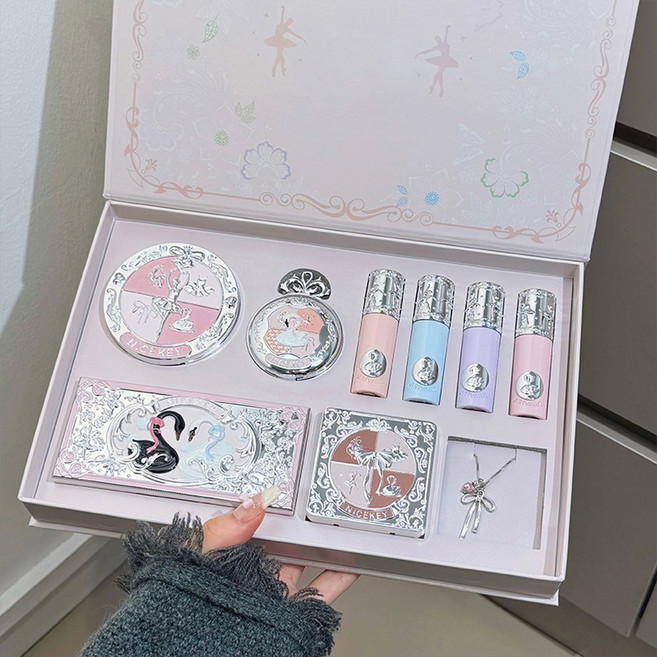 메이크업세트 NICEKEY 핑크 발레 메이크업 세트에는 립 머드 4개 블러셔 1개 프레스드 파우더 아이 팔레트 컨투어 목걸이 선물 포함, [01] 옵션1