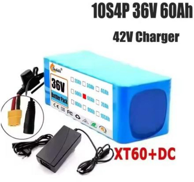 100 대용량 18650 리튬 배터리 팩 BMS XT60 플러그 18650 배터리 포함 36V 10s4p 100Ah 20000W, 05 36V XT60-DC 60Ah, 1개