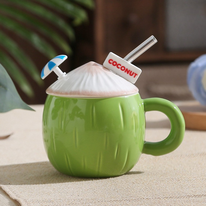 여름 코코넛 머그컵 창의적인 도자기 컵 커플 물컵 빨대컵 기념품 커피컵 뚜껑이 있는, 블루우산 코코넛 컵, 1개