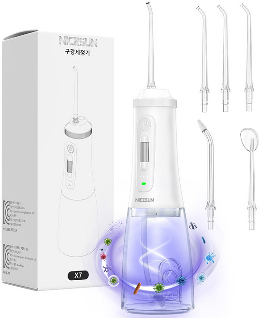 NICESUN 휴대용 무선 구강세정기 자외선 살균 건강한 구강 관리 + 5개노즐팁, 화이트