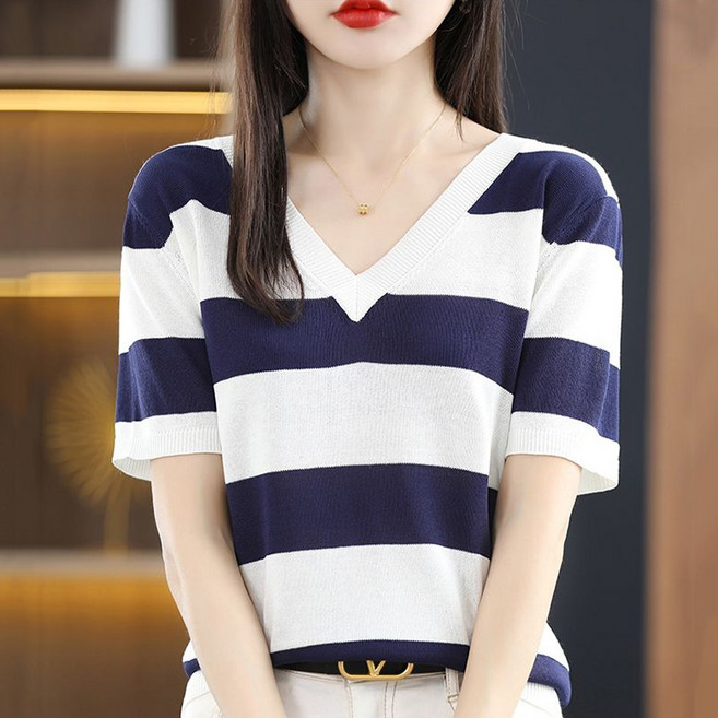 별후이 여성용 여름 데일리 브이넥 스트라이프 니트 아이스 반팔 티셔츠