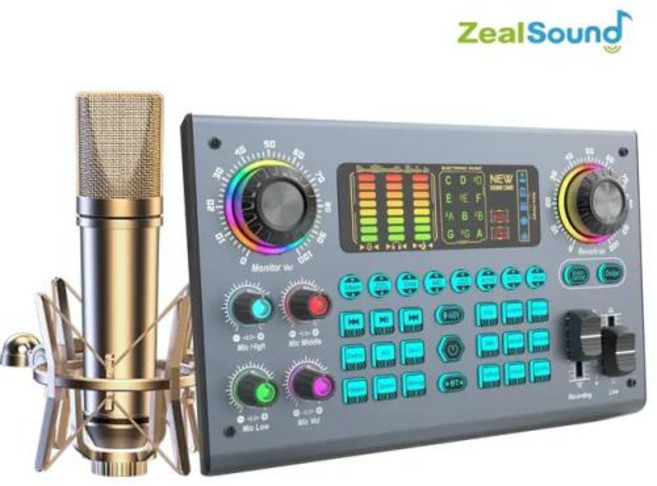 전문 스튜디오 마이크 Zealsound 전문 팟캐스트 라이브 사운드 카드 장비 번들 48V XLR 마이크 포함 PC 녹, 01 Grey, 없음