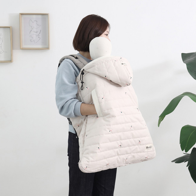맘네스트 겨울 방한 패딩 아기띠워머 생활방수 후드 바람막이 커버 유모차 풋머프 KC인증, {"워머-방한":"베이지크로버(자수)"}