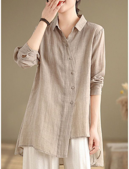 COSYEVNO 하프 면마 셔츠 여자 봄가을 트랜드 빅사이즈 루즈핏 캐주얼 언밸런스 긴팔 남방 코트