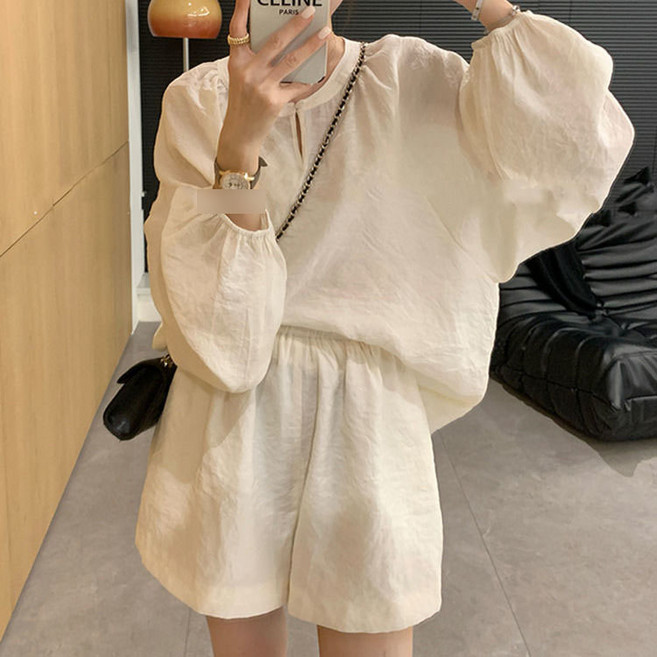 WEIHAN 여성 캐주얼 심플 긴팔 세트 자외선차단 블라우스 +와이드 반바지 투피스 데일리룩