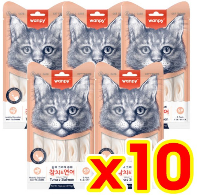완피 캣 크리미퓨레 참치연어맛 5p 10개묶음 고양이 츄르 간식, 14g, 10개, 참치+연어