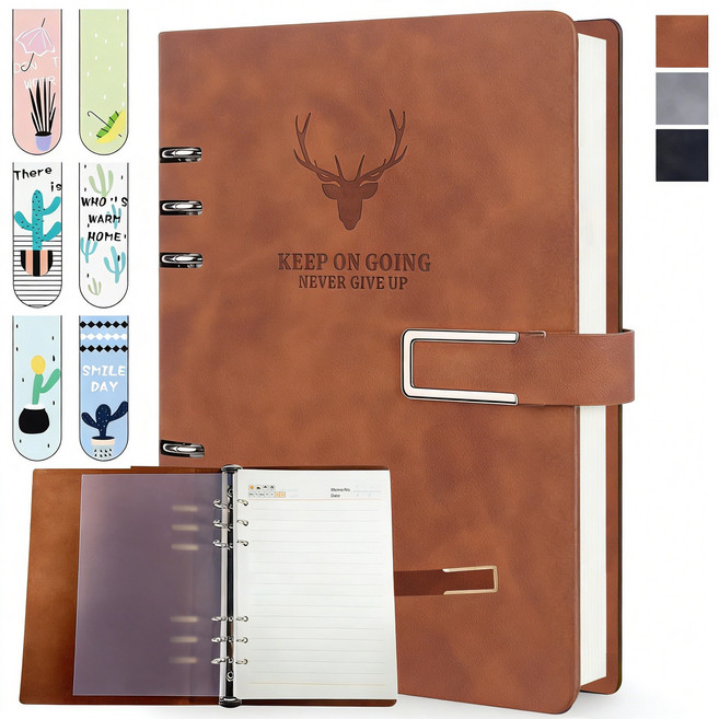 Folvia 가죽 A5 데일리 루즈리프 노트 탈부착 가능 회사 업무용 스케줄북, 1개, 브라운