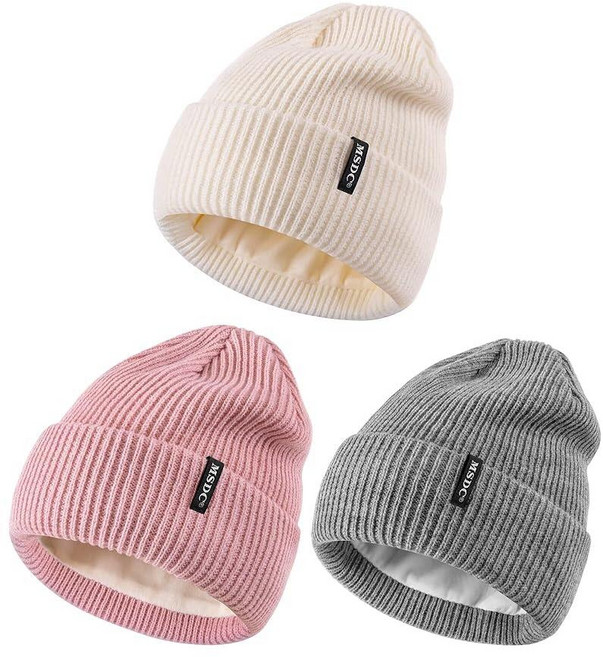 MSDC Beanies 여성용 겨울 모자 3팩 추운 날씨에 따뜻한 플리스 안감 비니 패션 스컬 캡 그레이+화이트+핑크 199554