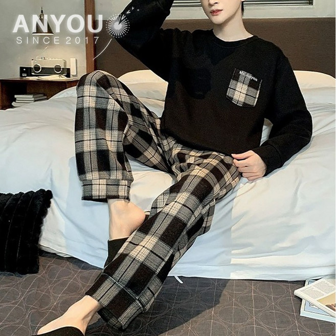 ANYOU 남성 봄 가을 겨울 격자 파자마 수면잠옷 상하세트 홈웨어