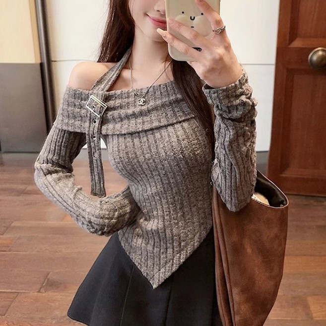 핀디걸 여성 오프숄더 골지 크롭 티셔츠 A-25