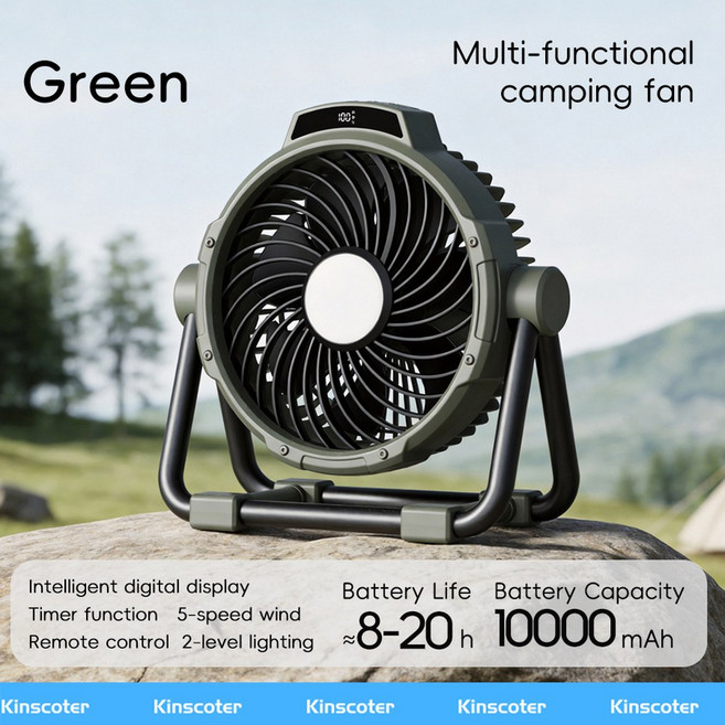 휴대용 캠핑 선풍기 무선 충전식 20000mAh LED 조명 4단계 속도 조절 텐트 천장 팬 야외용 전원 뱅크, Deep Green 10000mAh 배터리, 단일 모델
