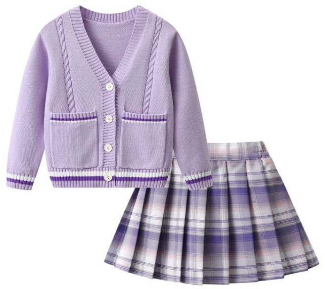 크리스탈하우스 봄 가을 간절기 여아 V넥 니트 가디건 스쿨룩 체크 치마 상하복 CE005