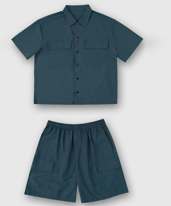 베럴댄나우 남성 여름 고래 프린팅 바스락 나일론 포켓 반팔셔츠 카고반바지 세트