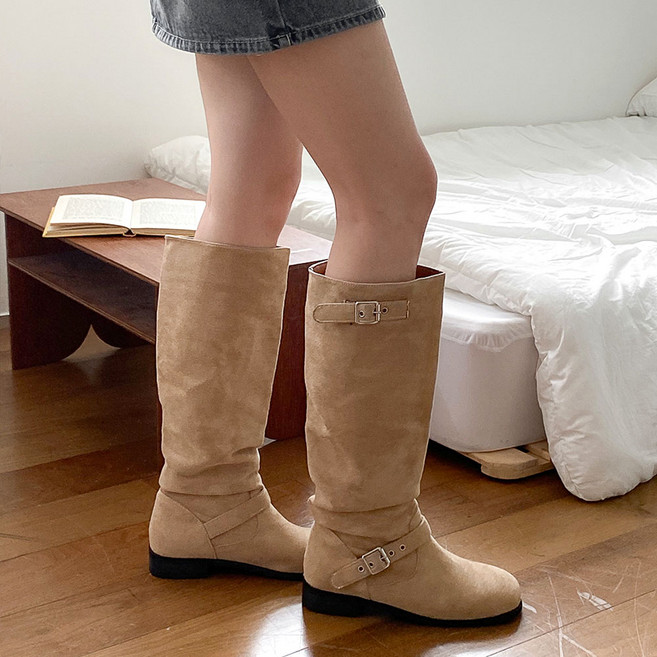 꼼지락 여성용 스웨이드 웨스턴 바이커 롱 부츠