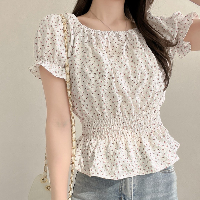 러브레터 꽃무늬 스모킹 셔링 오프숄더 블라우스