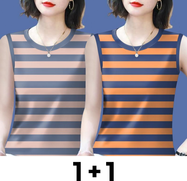 메인워크 1+1 중년 여성 민소매 티셔츠 여름 엄마룩 냉장고 루즈핏 스타일리쉬 데일리 스판 쿨링 스트라이프 나시 상의 2매입