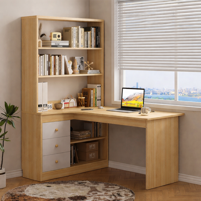 코너형 책상 책장 일체형 컴퓨터 테이블 사무실 재택근무 공간절약 가구, 연한 브라운 + 좌측 책장