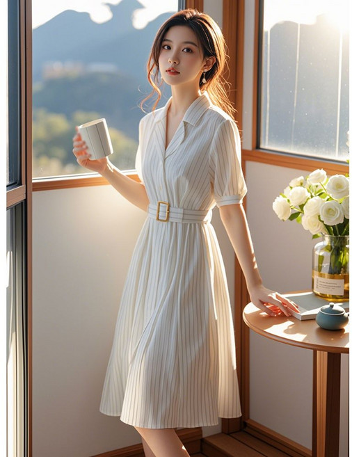 여성 여름용 정장 원피스 스트라이프 브이넥 벨티드 원피스 미디길이 데일리룩 JS